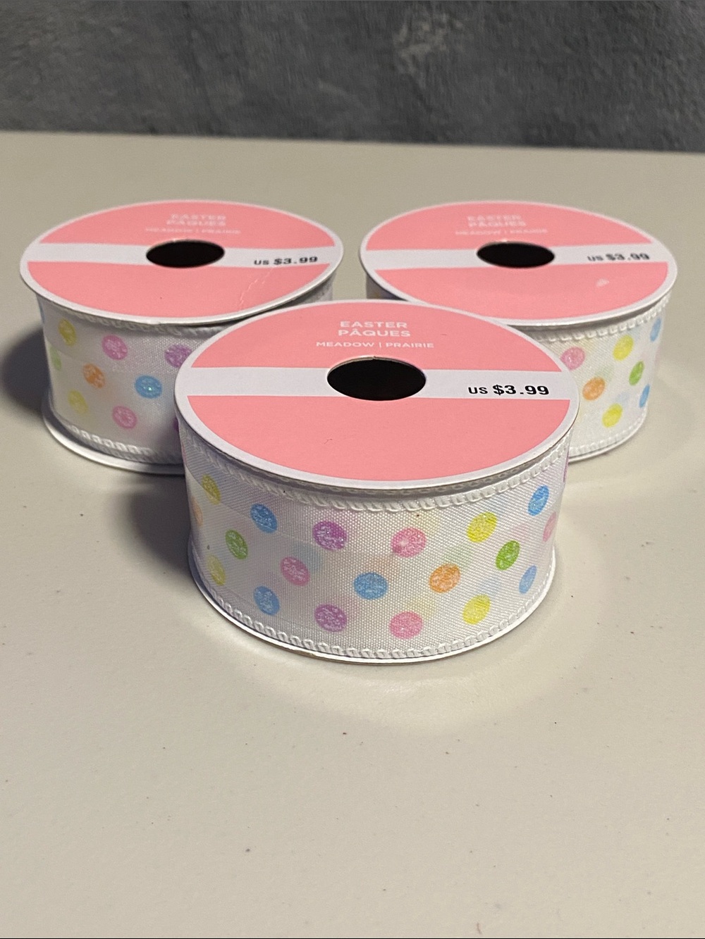 Set of 3 NWT Pastel Polka Dot Spring Easter Ribbon Spools